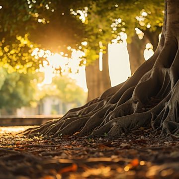 Ancient tree roots sprawl across the earth, a testament to time in a sun-dappled park.