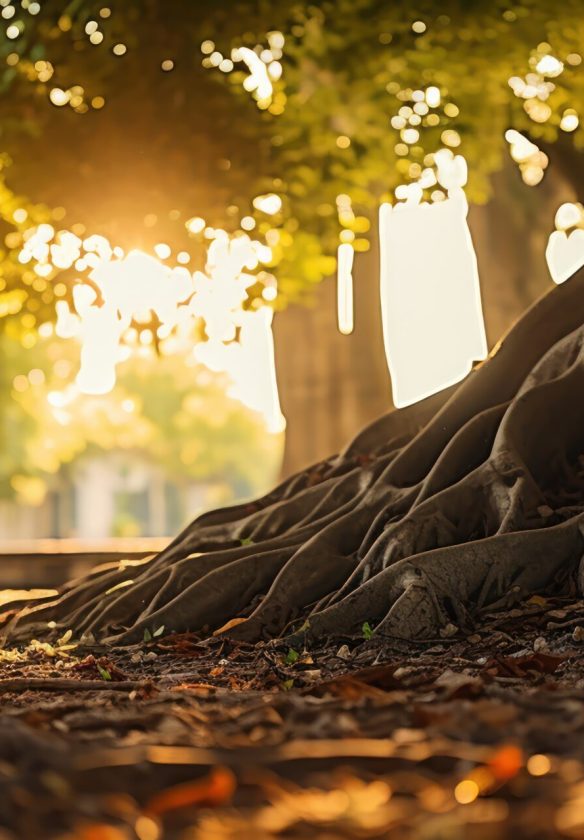Ancient tree roots sprawl across the earth, a testament to time in a sun-dappled park.